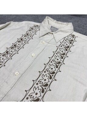 Lucky Brand 100% Linen Button Up Shirt Mens L Beige Embroidered Guayabera Barong